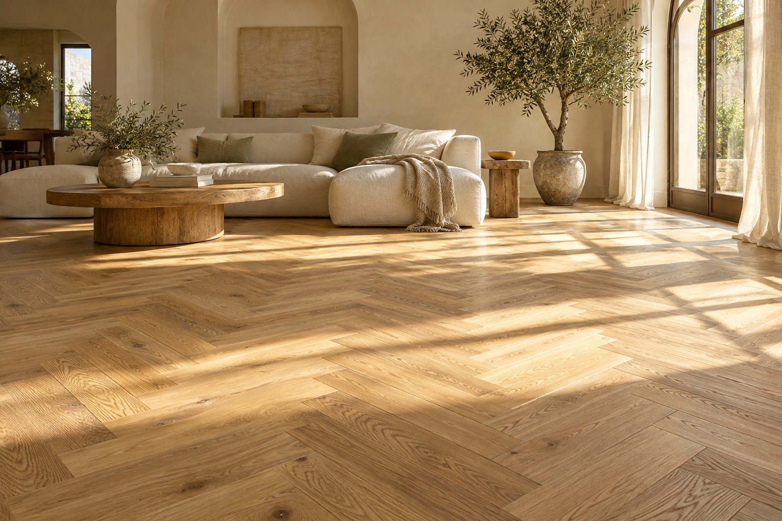 Sunlit room with oak parquet flooring